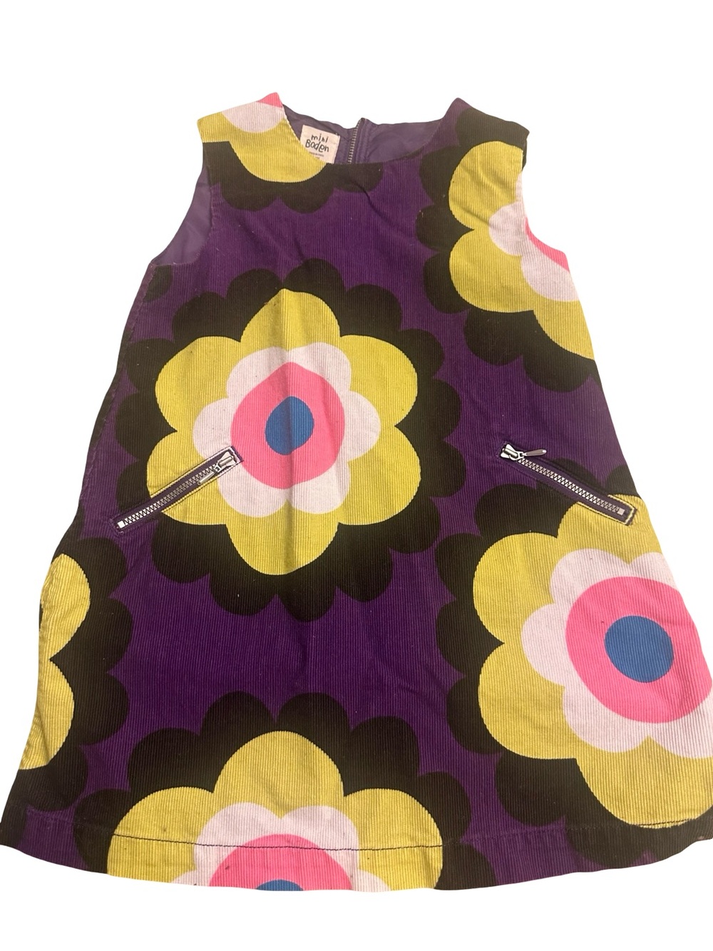 4-5 yr Mini Boden Floral Corduroy A-Line Dress - Purple Yellow Pink